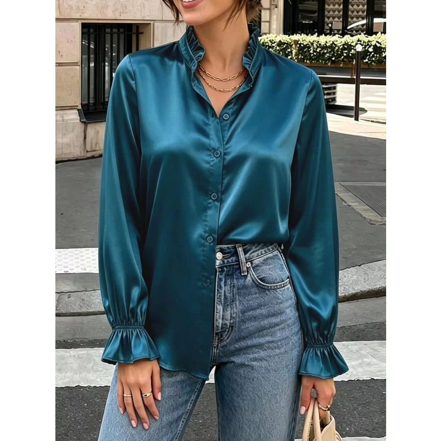 Elegant Button Down Ruffle Trim Satin Shirt Blue / S