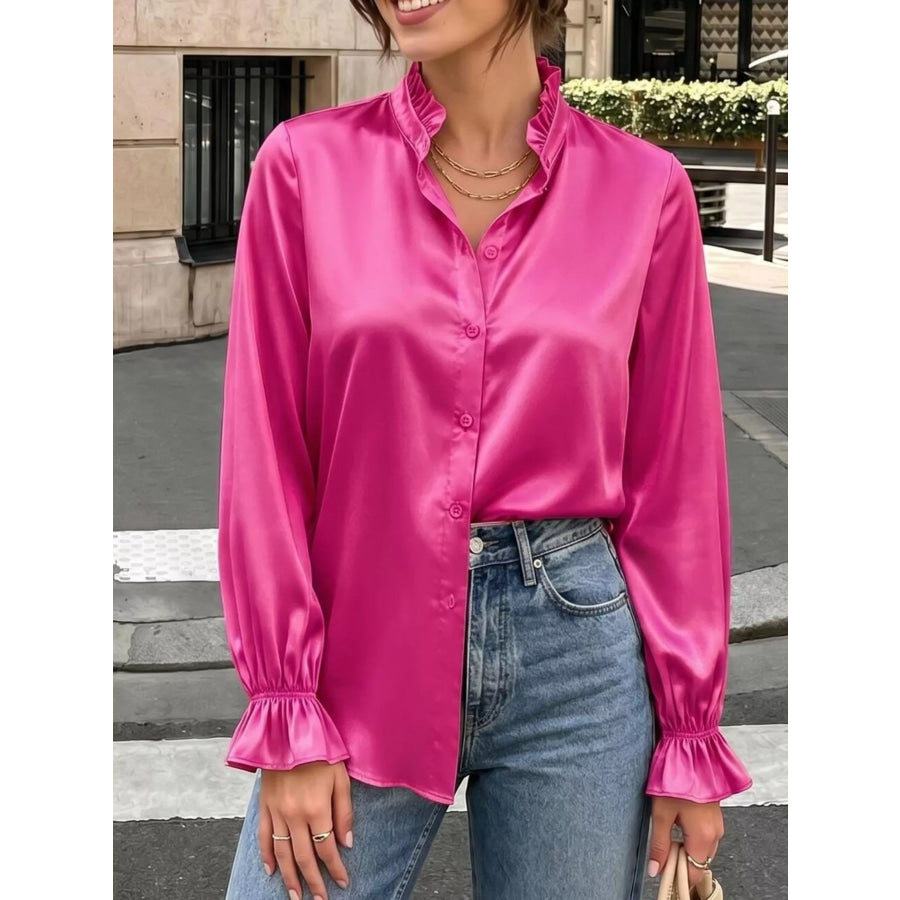 Elegant Button Down Ruffle Trim Satin Shirt Rose Red / S