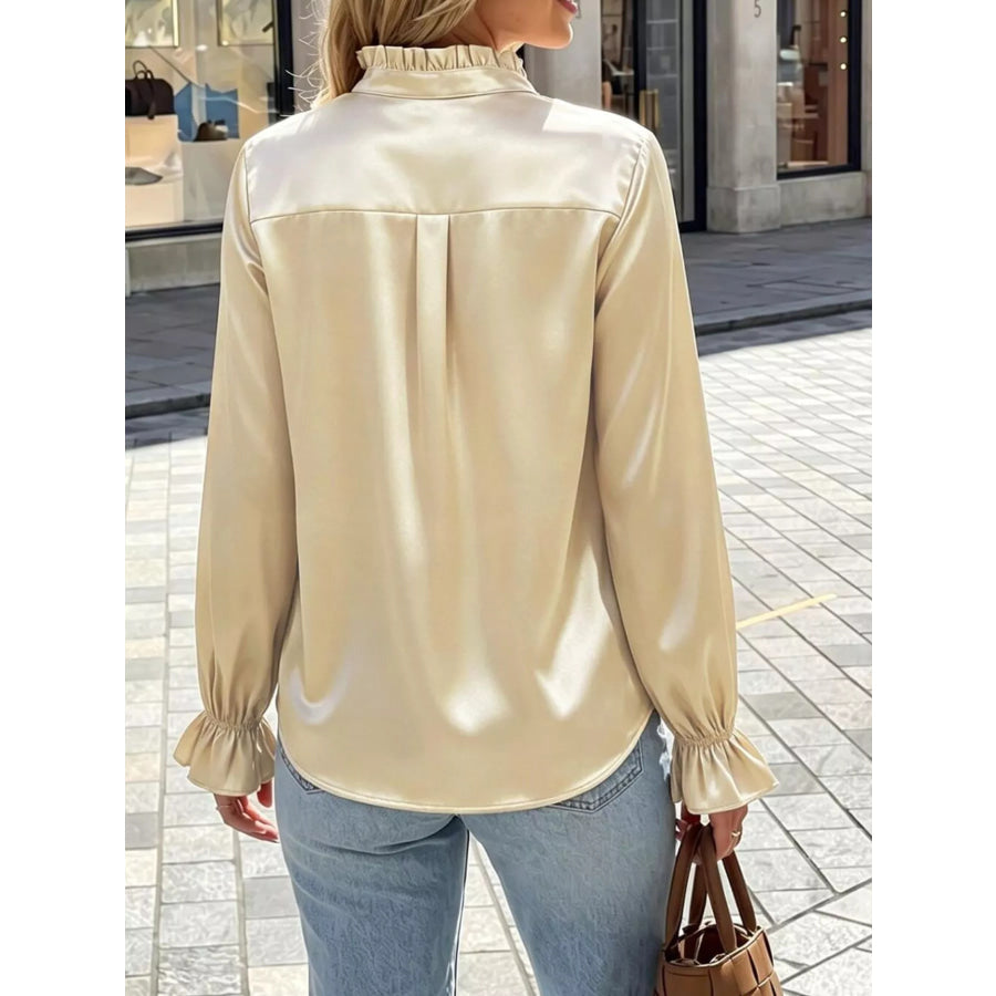 Elegant Button Down Ruffle Trim Satin Shirt