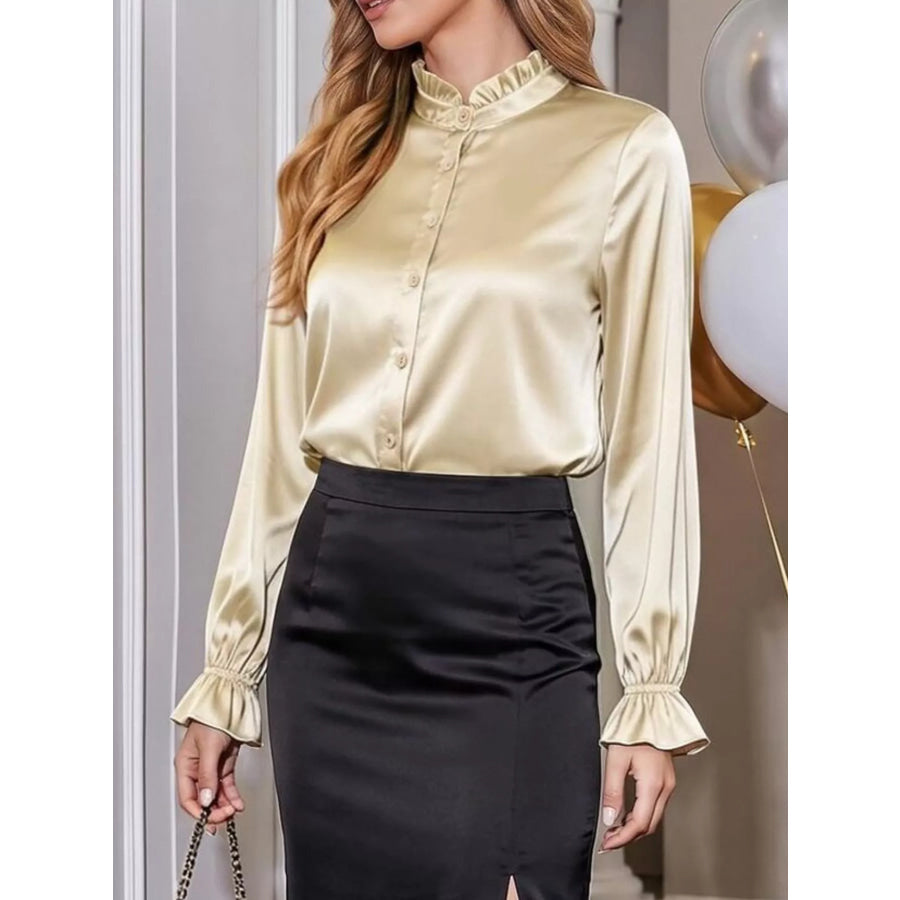 Elegant Button Down Ruffle Trim Satin Shirt