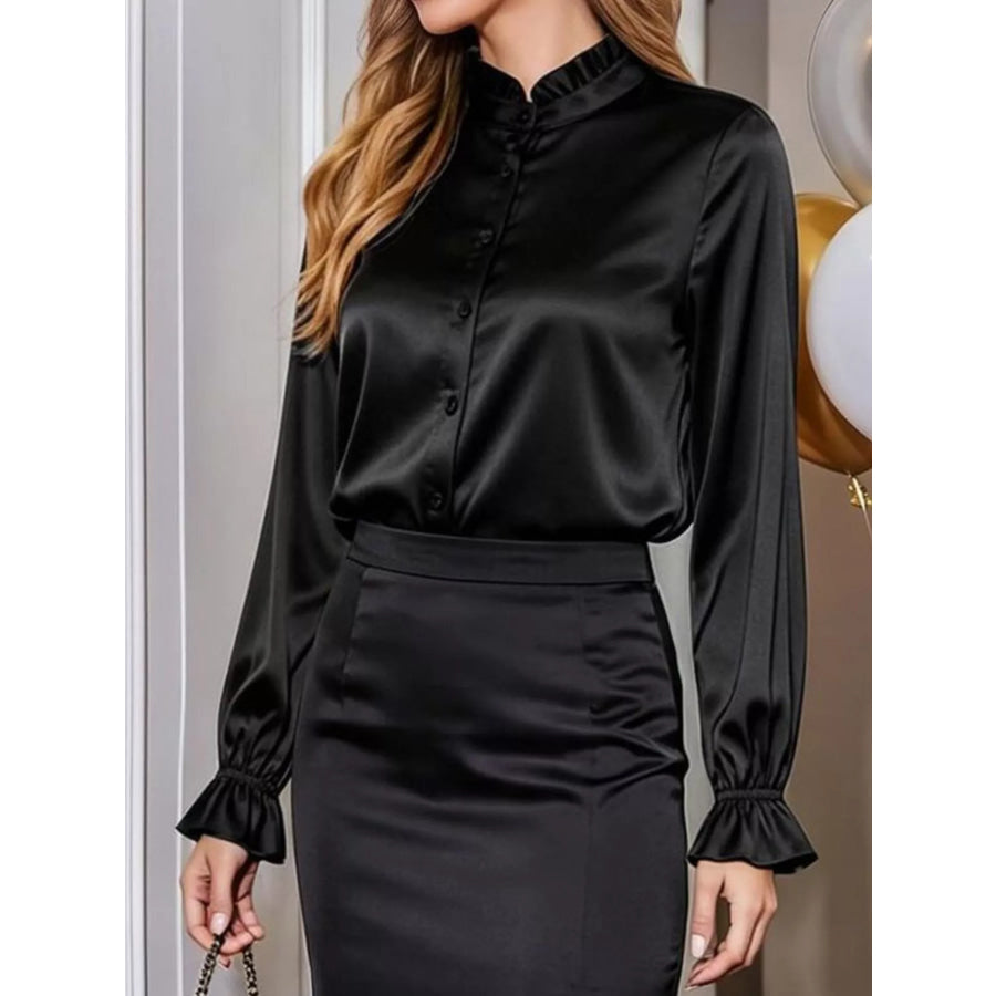 Elegant Button Down Ruffle Trim Satin Shirt