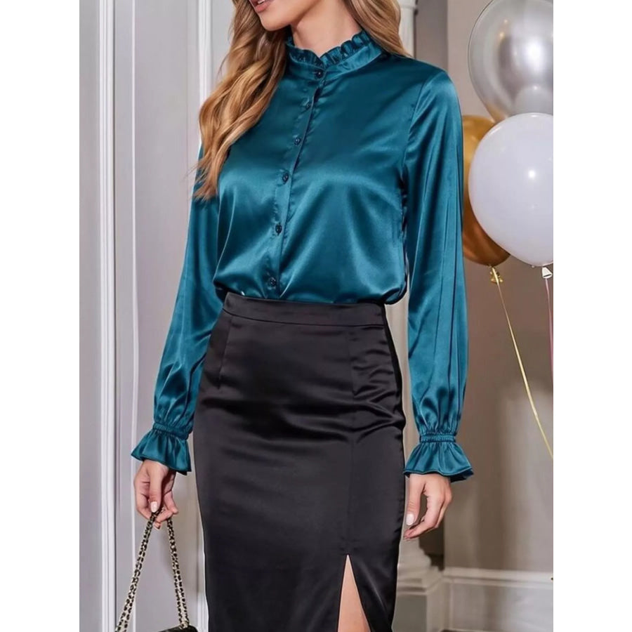 Elegant Button Down Ruffle Trim Satin Shirt