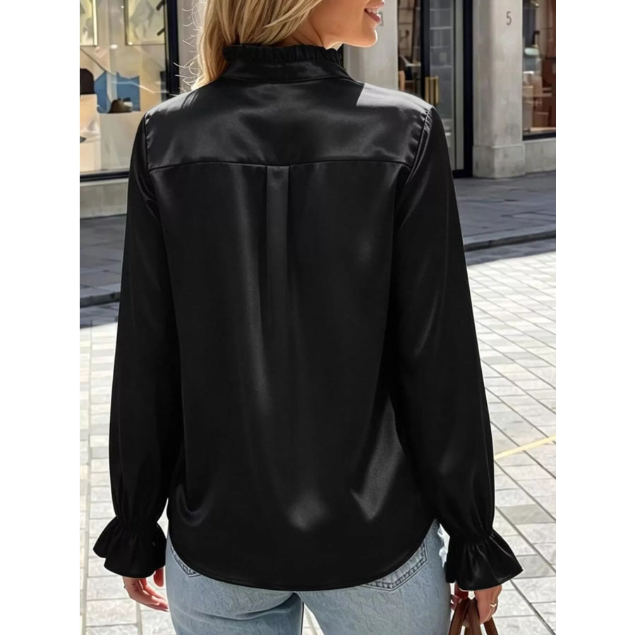 Elegant Button Down Ruffle Trim Satin Shirt