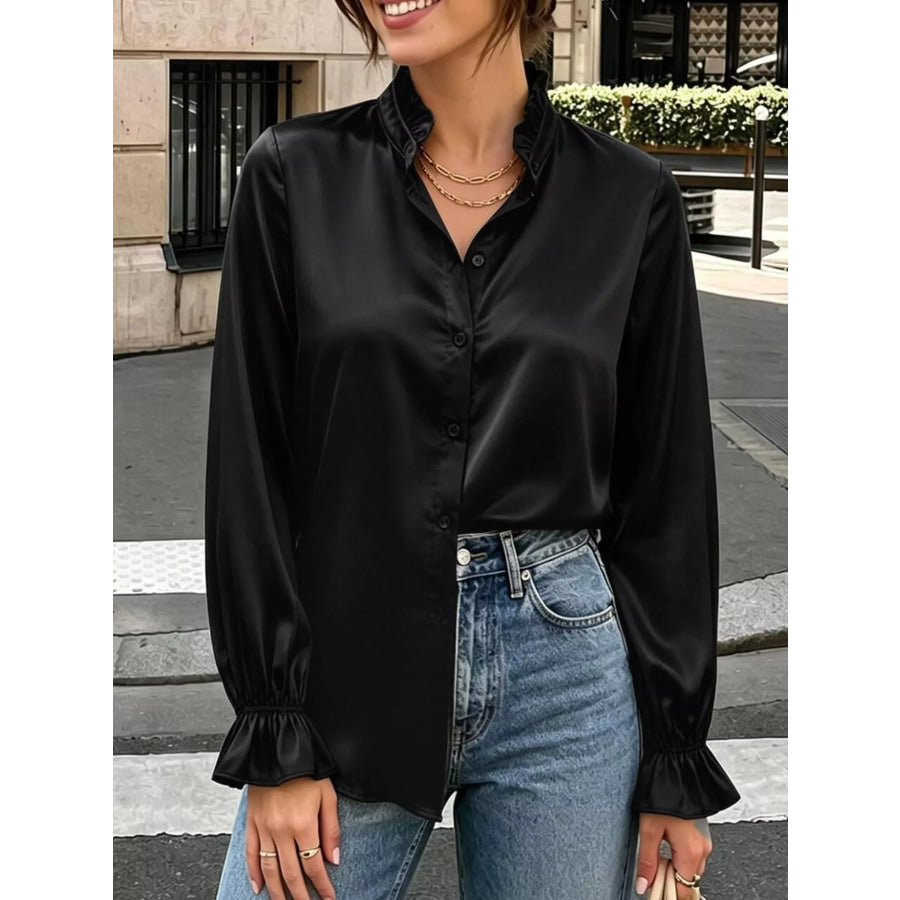Elegant Button Down Ruffle Trim Satin Shirt