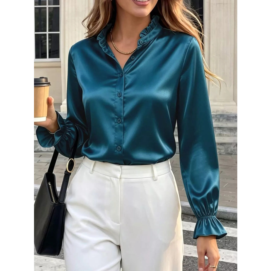 Elegant Button Down Ruffle Trim Satin Shirt