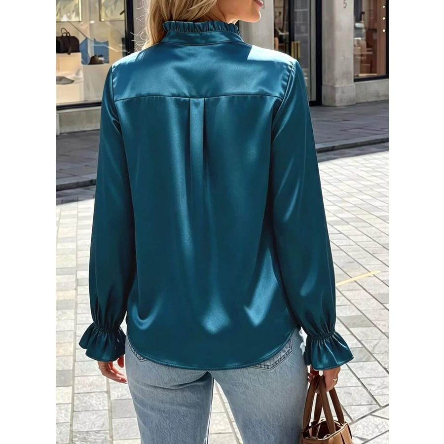 Elegant Button Down Ruffle Trim Satin Shirt