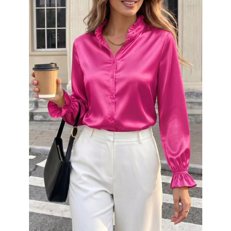 Elegant Button Down Ruffle Trim Satin Shirt