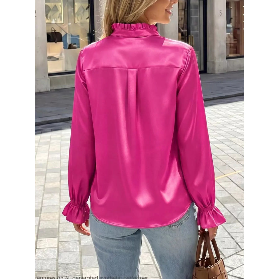 Elegant Button Down Ruffle Trim Satin Shirt