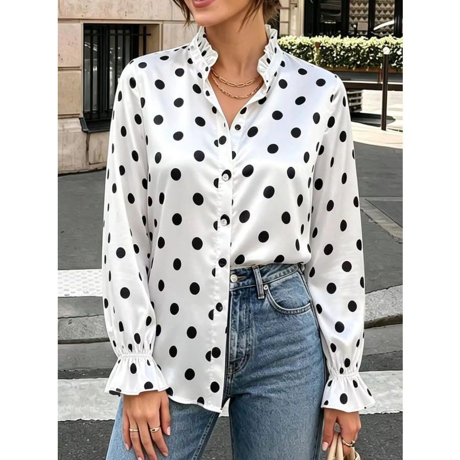 Elegant Button Down Ruffle Trim Satin Shirt