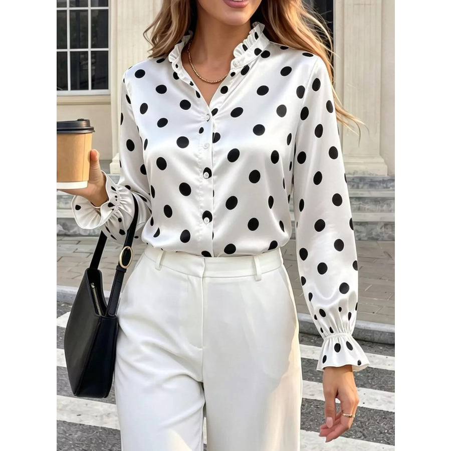 Elegant Button Down Ruffle Trim Satin Shirt White / S