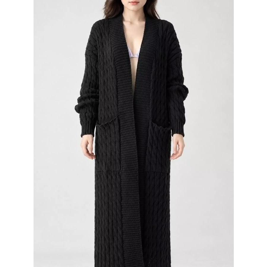 Elegant Cable-Knit Longline Open-Front Cardigan Black / S Apparel and Accessories