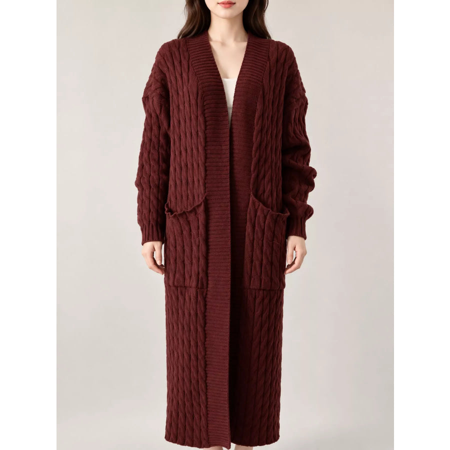 Elegant Cable-Knit Longline Open-Front Cardigan Coffee / S Apparel and Accessories