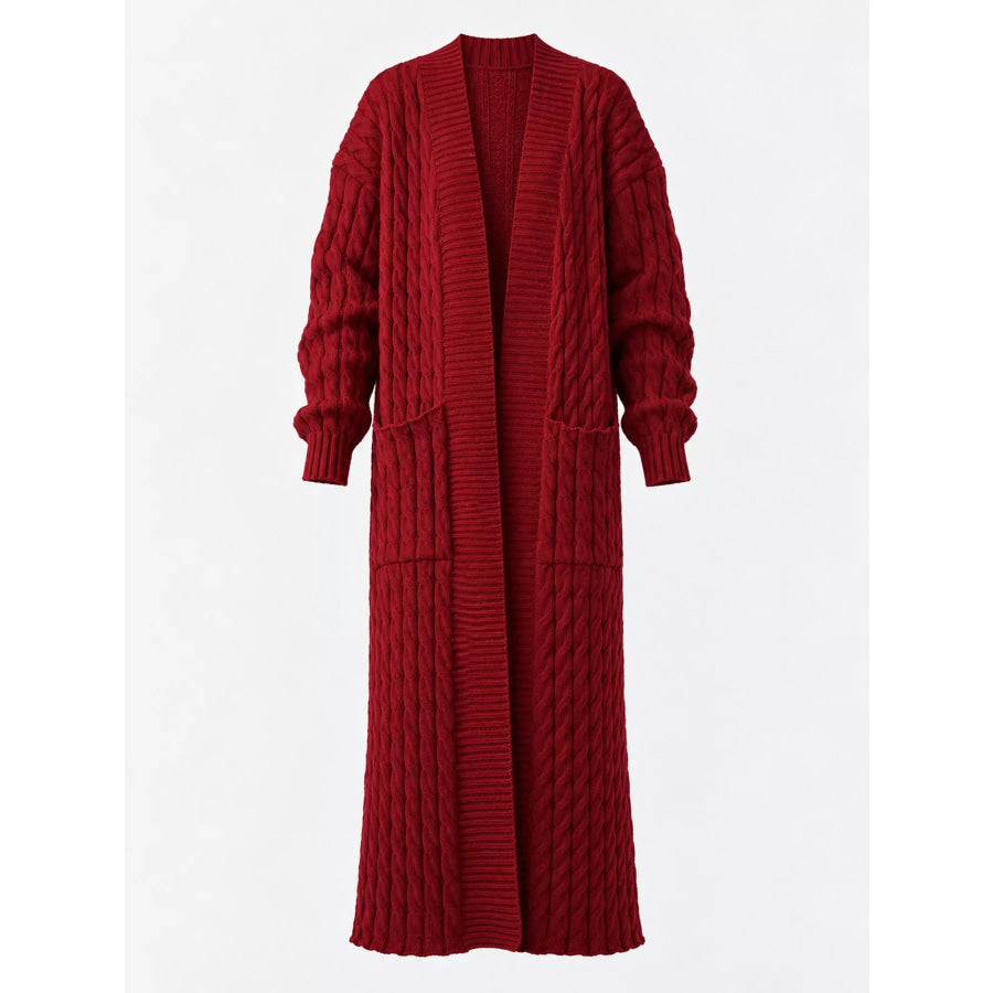 Elegant Cable-Knit Longline Open-Front Cardigan Dark Red / S Apparel and Accessories