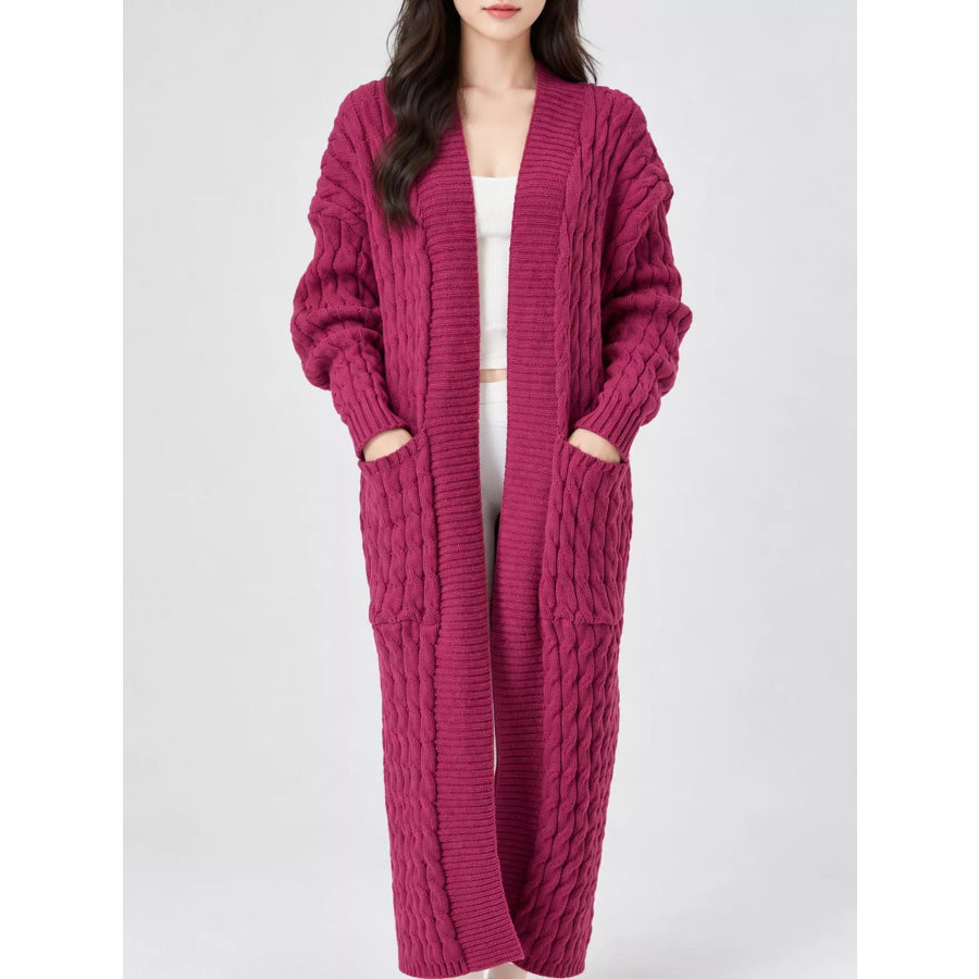Elegant Cable-Knit Longline Open-Front Cardigan Deep Rose Red / S Apparel and Accessories