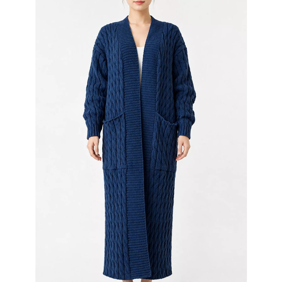 Elegant Cable-Knit Longline Open-Front Cardigan Denim Blue / S Apparel and Accessories