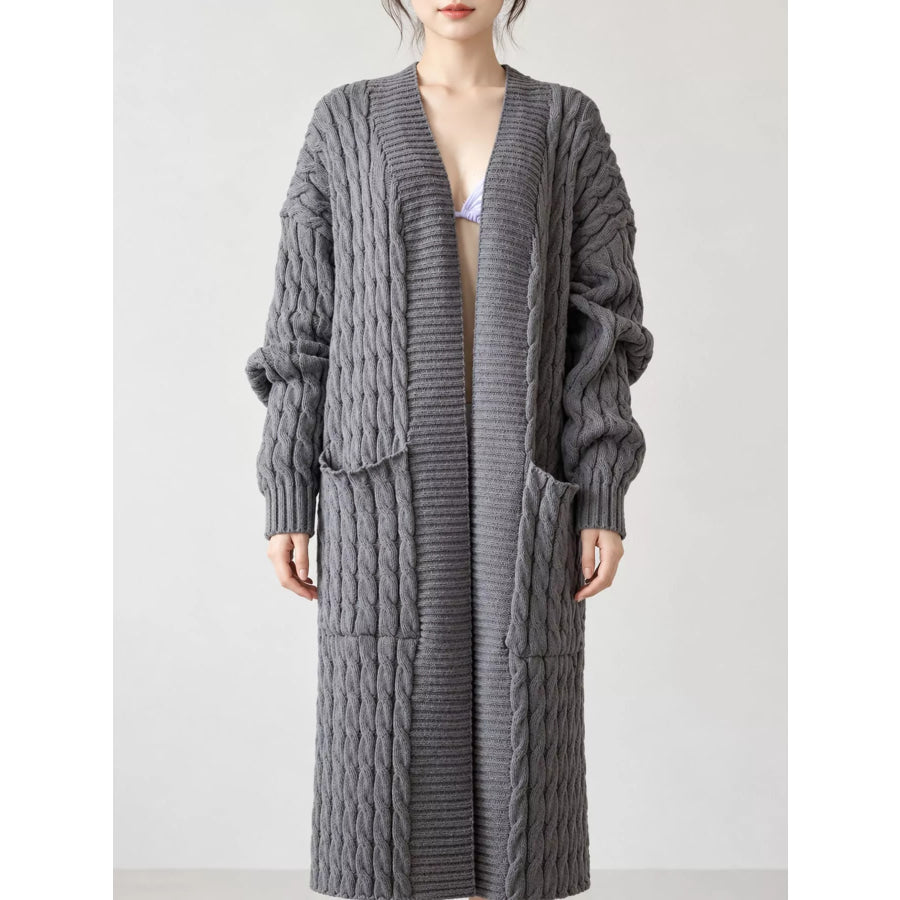 Elegant Cable-Knit Longline Open-Front Cardigan Gray / S Apparel and Accessories