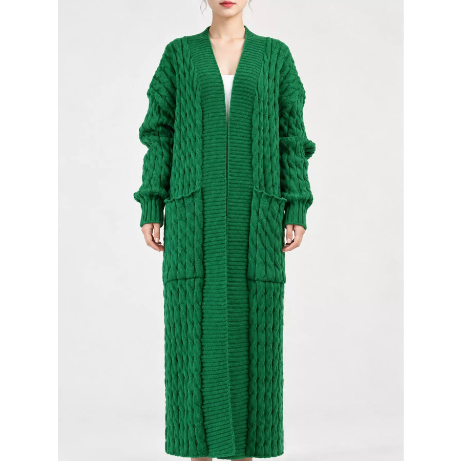 Elegant Cable-Knit Longline Open-Front Cardigan Green / S Apparel and Accessories