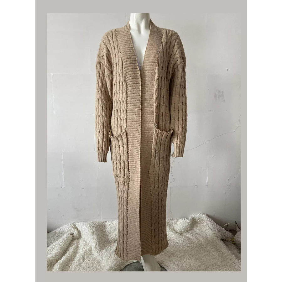 Elegant Cable-Knit Longline Open-Front Cardigan Khaki / S Apparel and Accessories