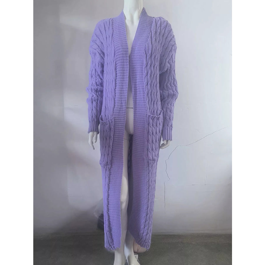 Elegant Cable-Knit Longline Open-Front Cardigan Light Purple / S Apparel and Accessories
