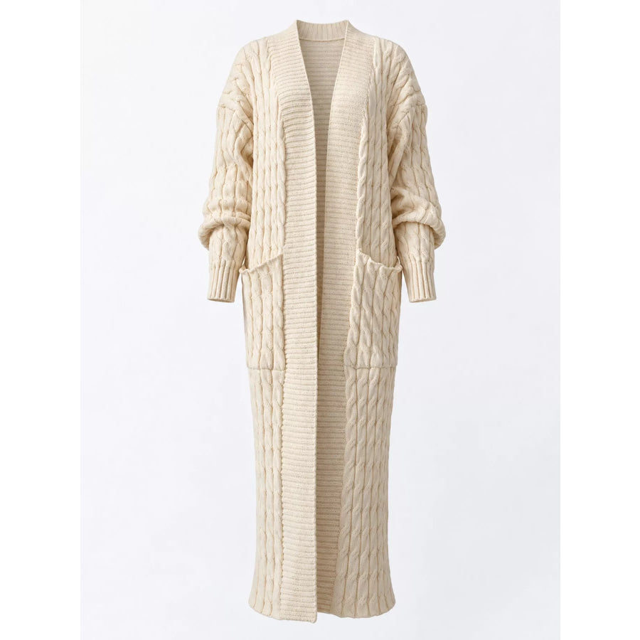 Elegant Cable-Knit Longline Open-Front Cardigan Off White / S Apparel and Accessories