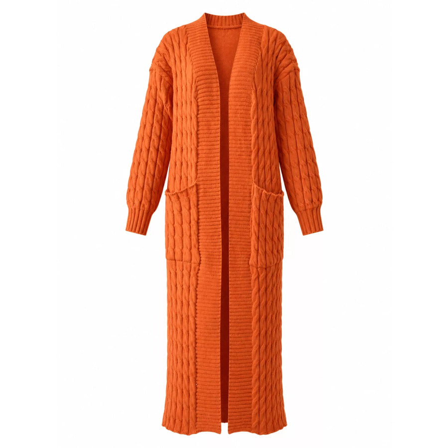 Elegant Cable-Knit Longline Open-Front Cardigan Orange / S Apparel and Accessories