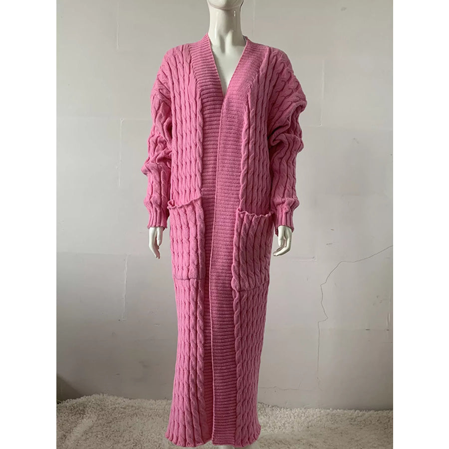 Elegant Cable-Knit Longline Open-Front Cardigan Pink / S Apparel and Accessories