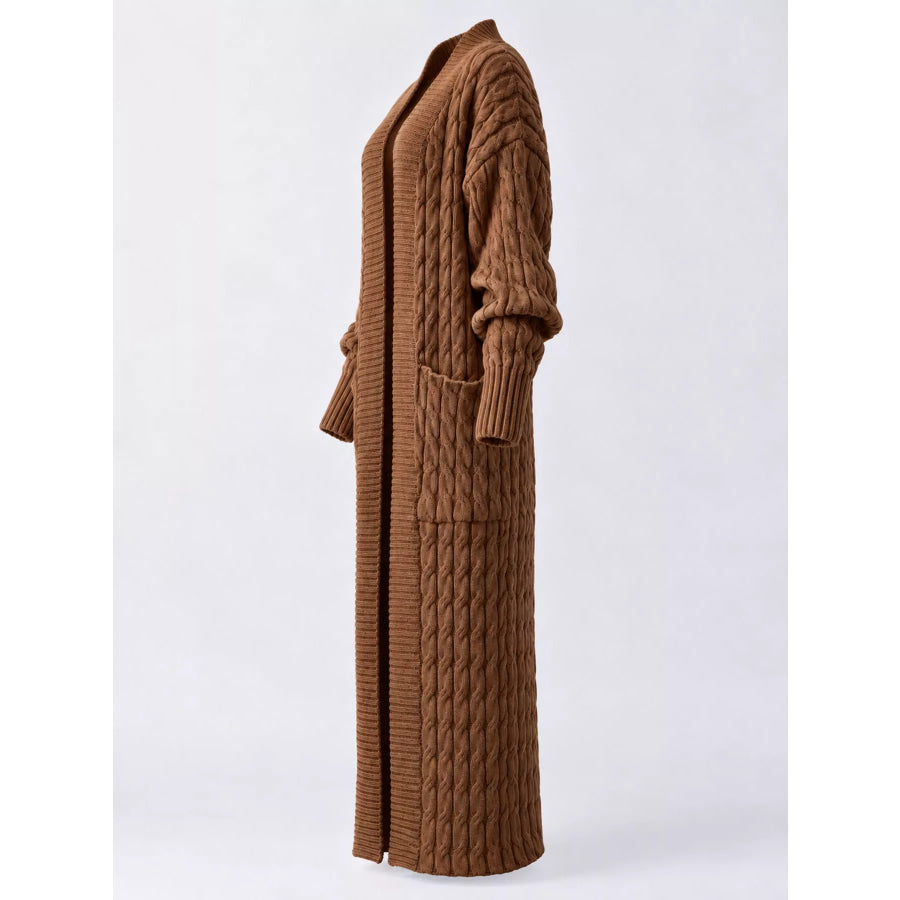 Elegant Cable-Knit Longline Open-Front Cardigan Yellowish Coffee / S Apparel and Accessories