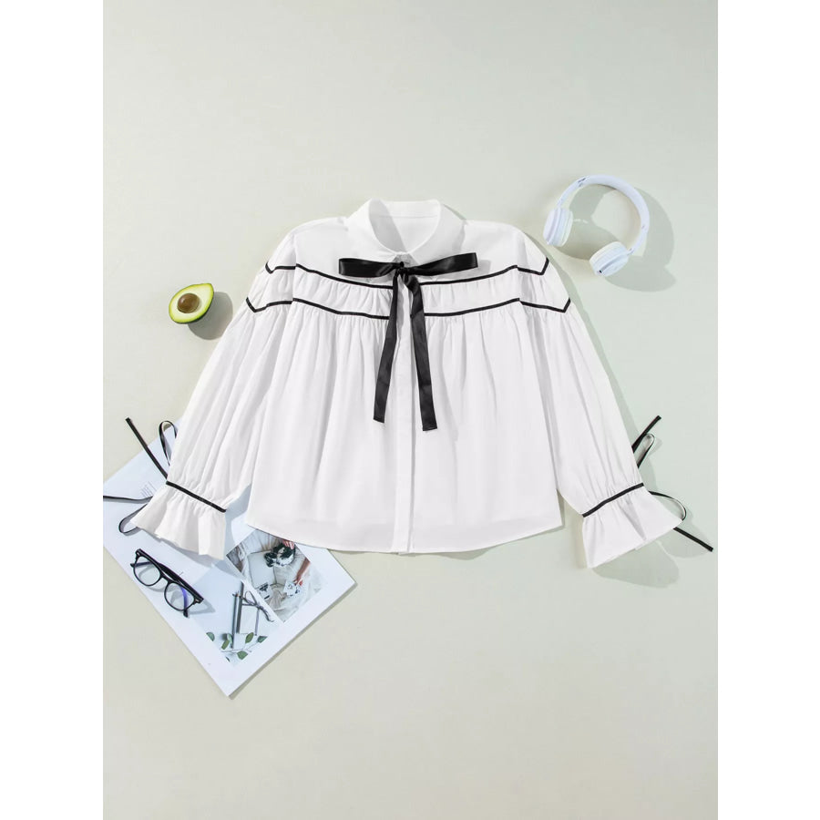 Elegant Contrast Bow-Tie Ruffle Blouse Apparel and Accessories