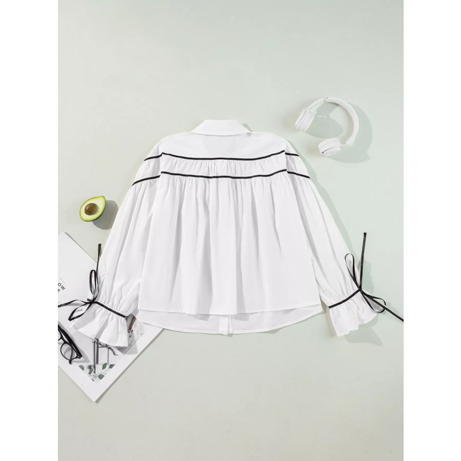 Elegant Contrast Bow-Tie Ruffle Blouse Apparel and Accessories