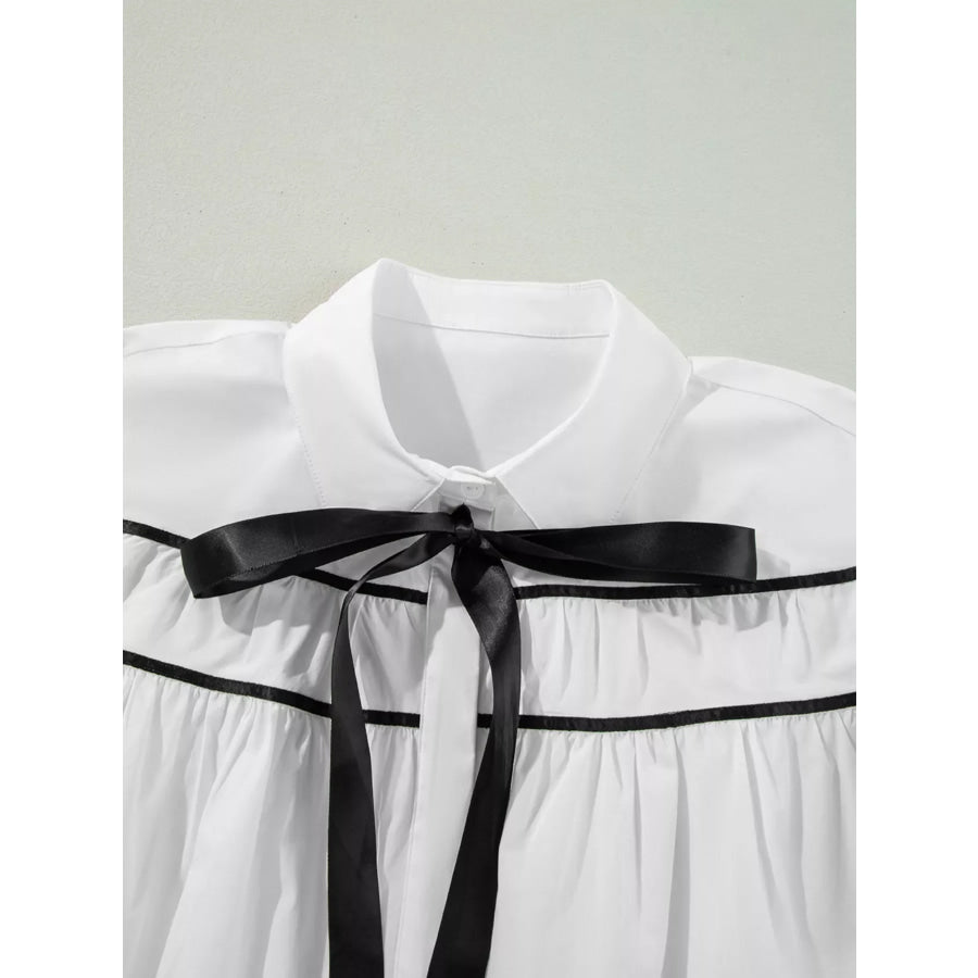 Elegant Contrast Bow-Tie Ruffle Blouse Apparel and Accessories