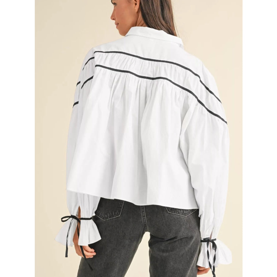 Elegant Contrast Bow-Tie Ruffle Blouse Apparel and Accessories