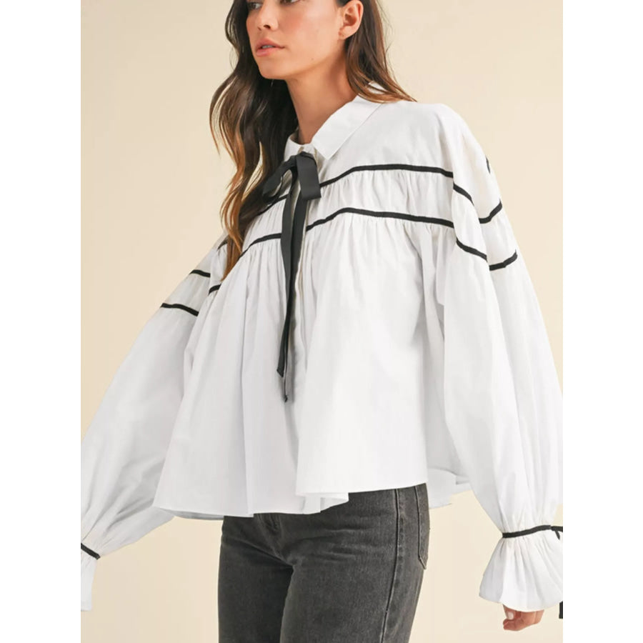 Elegant Contrast Bow-Tie Ruffle Blouse Apparel and Accessories