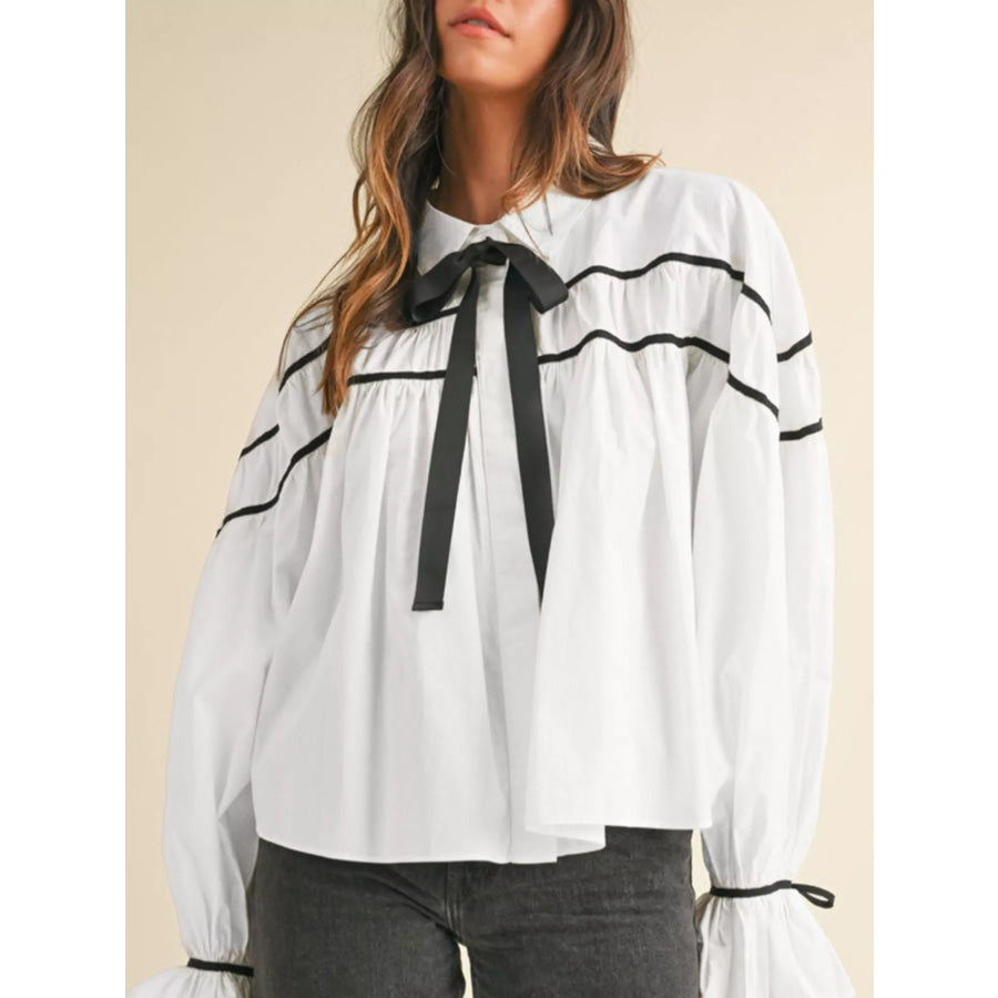Elegant Contrast Bow-Tie Ruffle Blouse White / S Apparel and Accessories