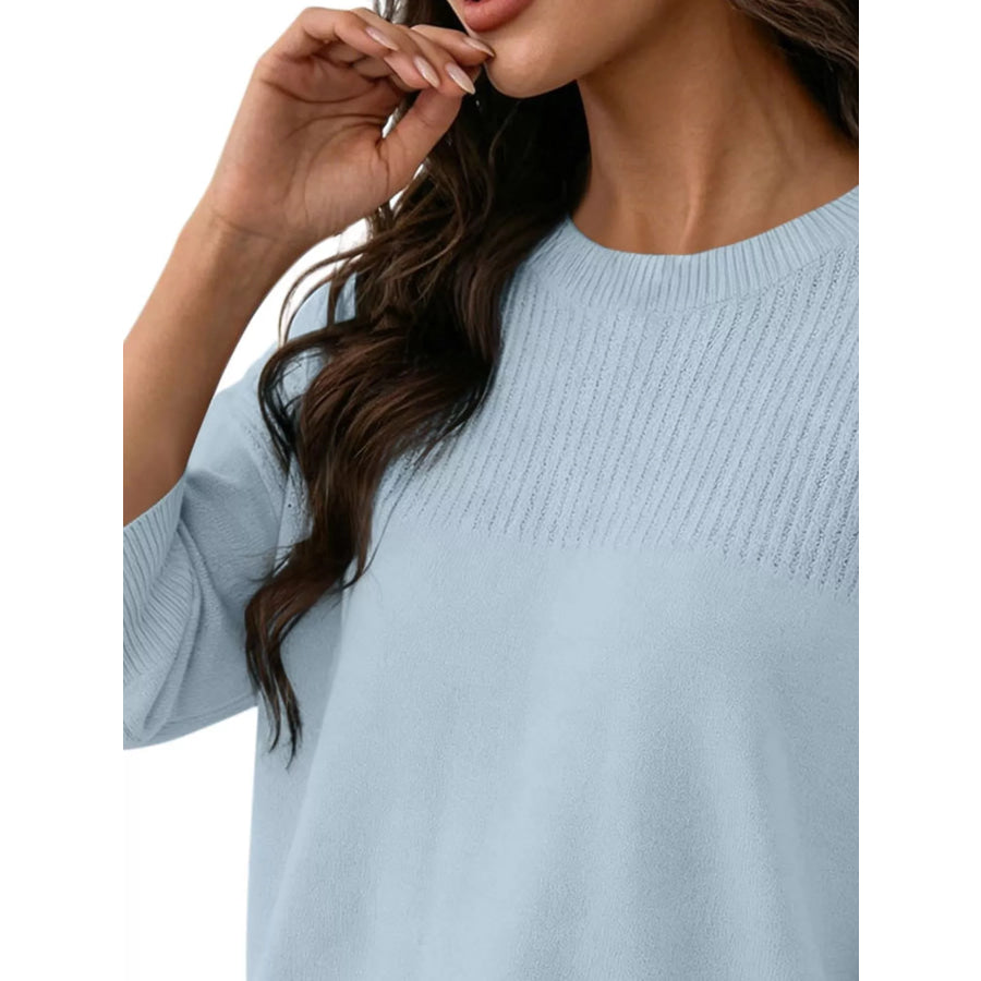 Elegant Crew Neck Eyelet Ribbed Sweater Apparel and Accessories