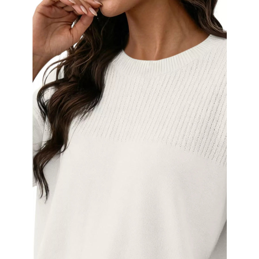 Elegant Crew Neck Eyelet Ribbed Sweater Apparel and Accessories