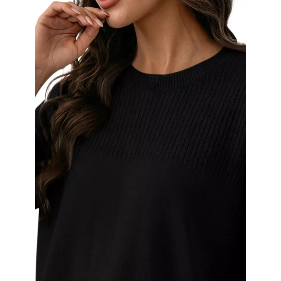 Elegant Crew Neck Eyelet Ribbed Sweater Apparel and Accessories