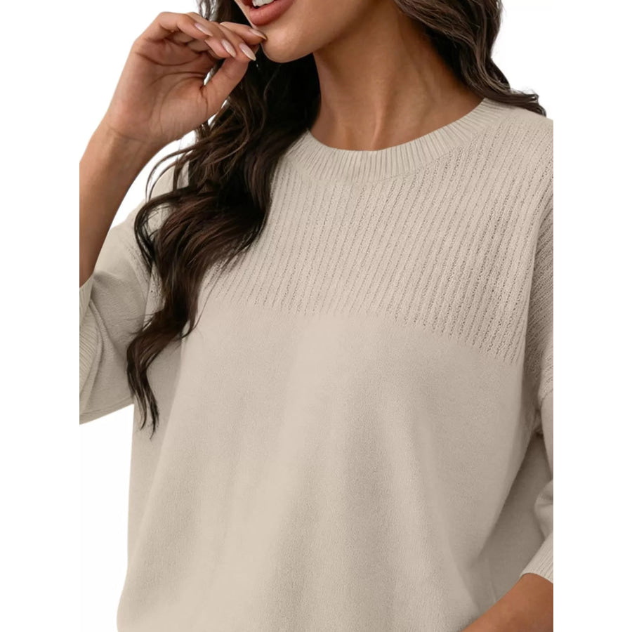 Elegant Crew Neck Eyelet Ribbed Sweater Apparel and Accessories