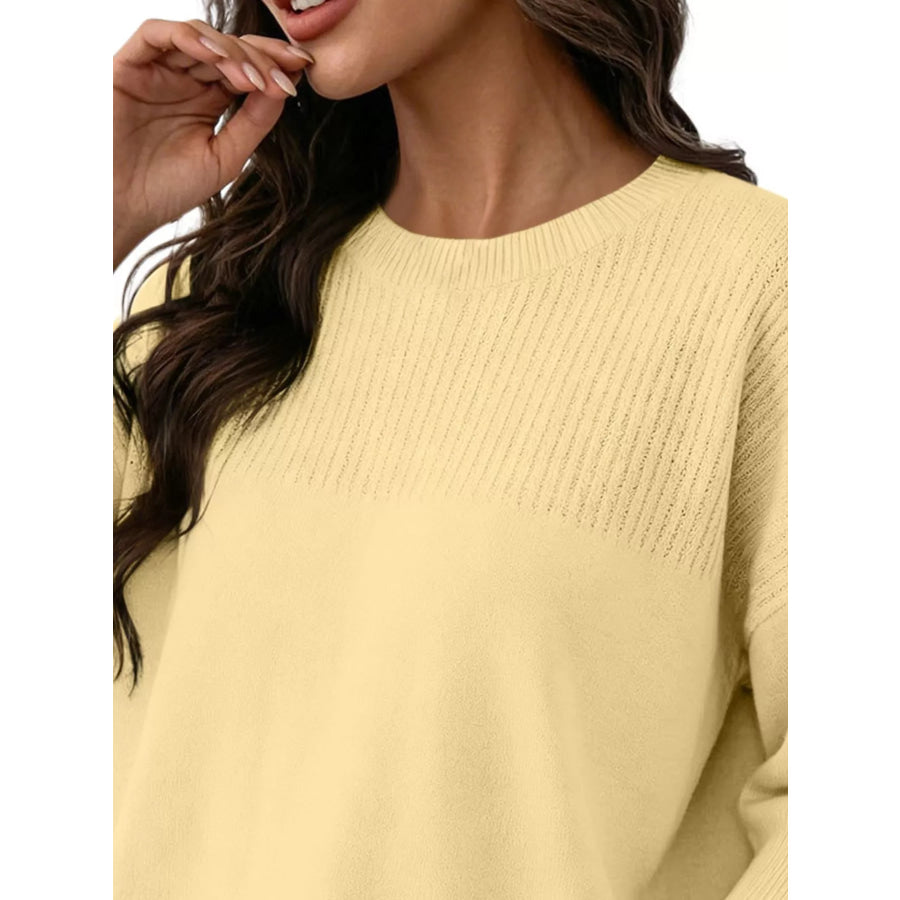 Elegant Crew Neck Eyelet Ribbed Sweater Apparel and Accessories