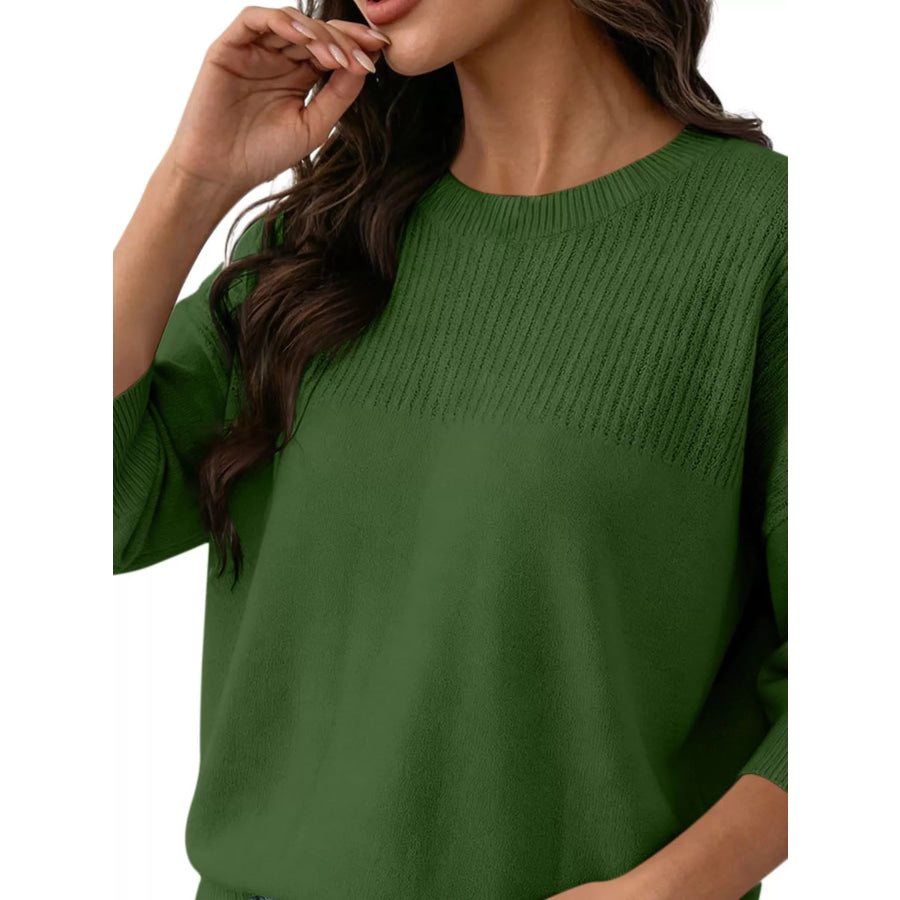 Elegant Crew Neck Eyelet Ribbed Sweater Apparel and Accessories