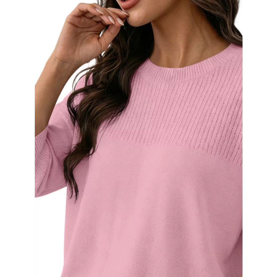 Elegant Crew Neck Eyelet Ribbed Sweater Apparel and Accessories