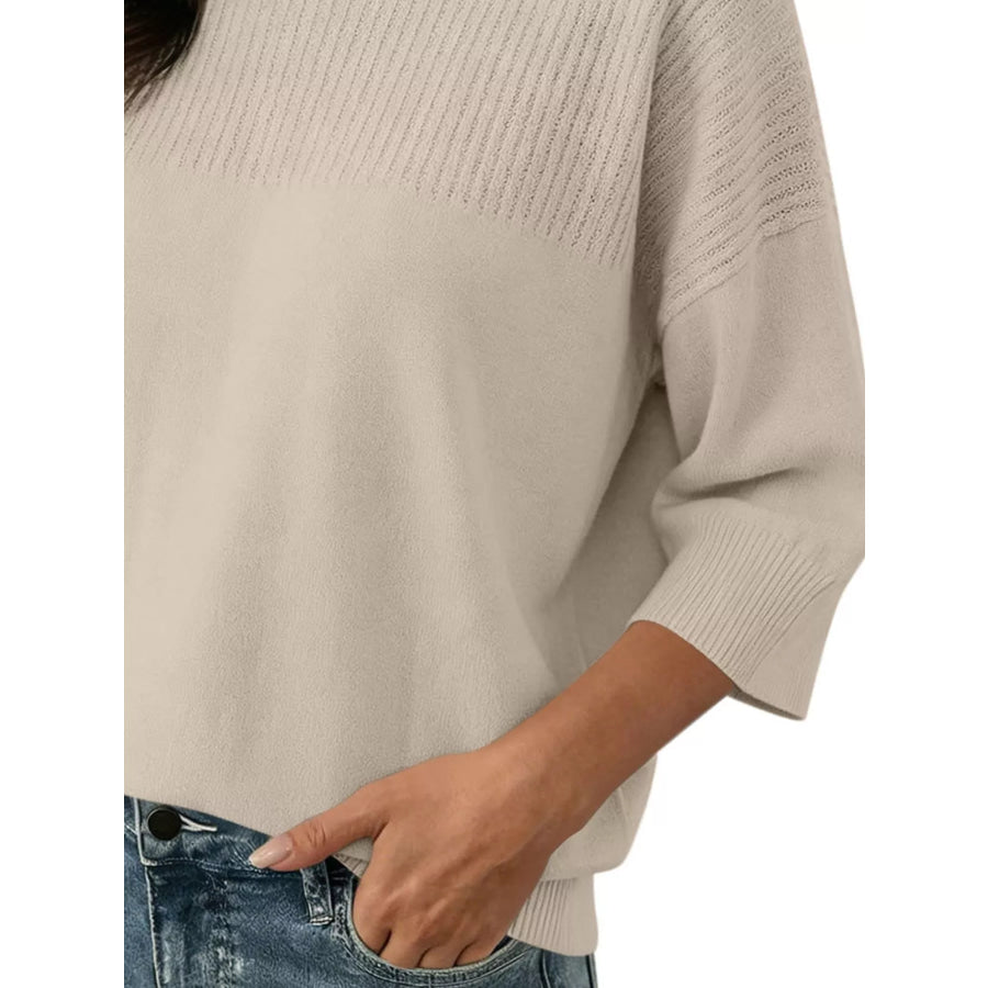 Elegant Crew Neck Eyelet Ribbed Sweater Apparel and Accessories