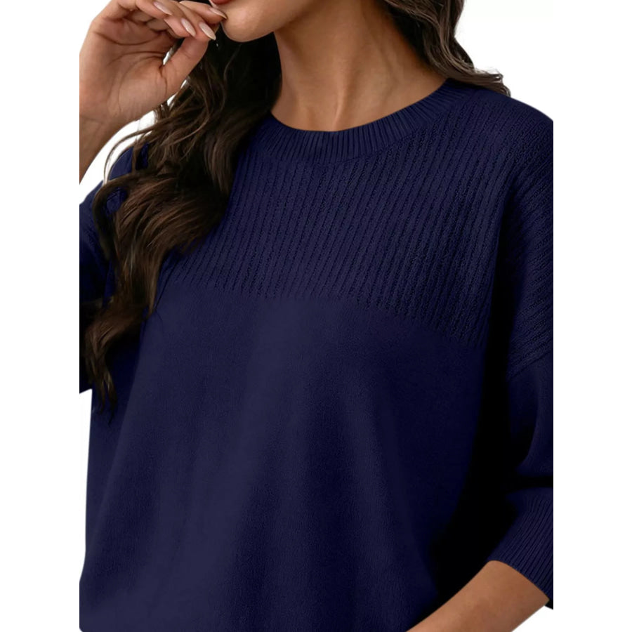 Elegant Crew Neck Eyelet Ribbed Sweater Apparel and Accessories