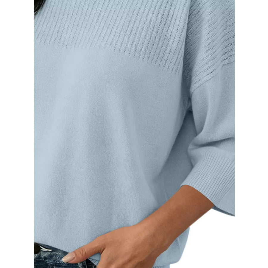Elegant Crew Neck Eyelet Ribbed Sweater Apparel and Accessories