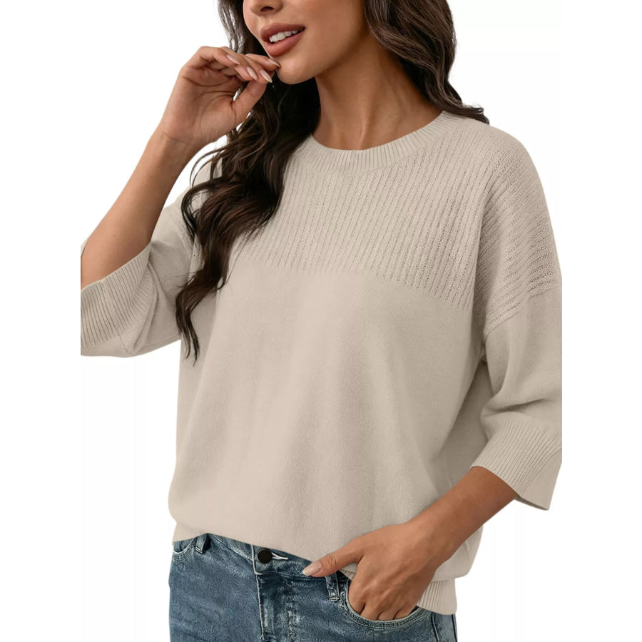Elegant Crew Neck Eyelet Ribbed Sweater Apricot / S Apparel and Accessories