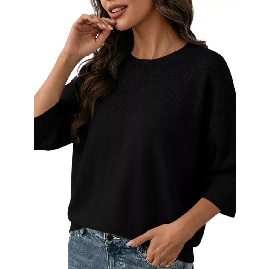 Elegant Crew Neck Eyelet Ribbed Sweater Black / S Apparel and Accessories