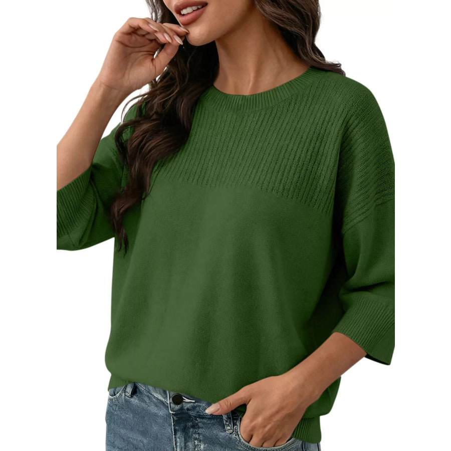 Elegant Crew Neck Eyelet Ribbed Sweater Green / S Apparel and Accessories