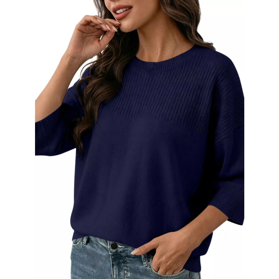 Elegant Crew Neck Eyelet Ribbed Sweater Navy Blue / S Apparel and Accessories