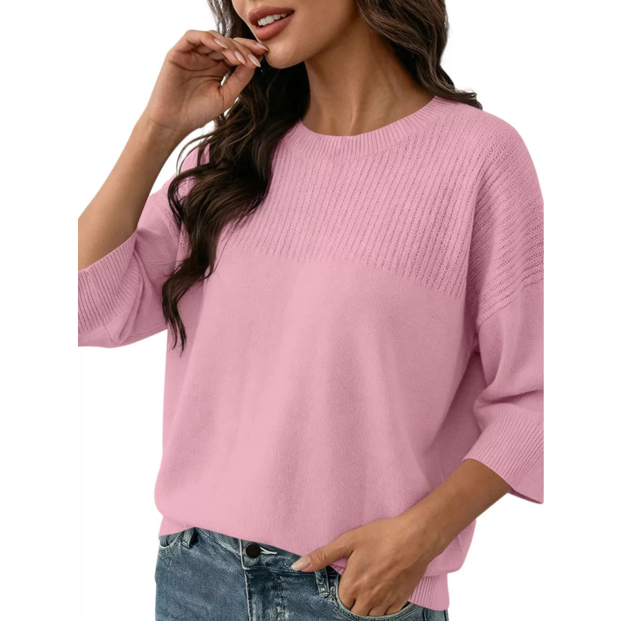 Elegant Crew Neck Eyelet Ribbed Sweater Pink / S Apparel and Accessories