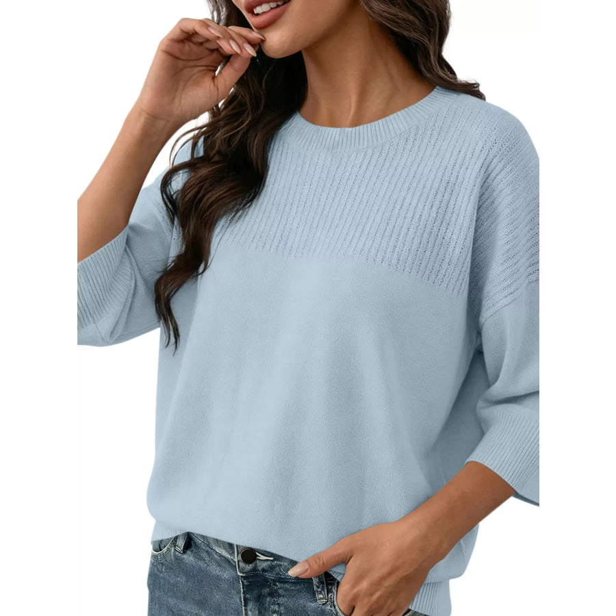 Elegant Crew Neck Eyelet Ribbed Sweater Sky Blue / S Apparel and Accessories
