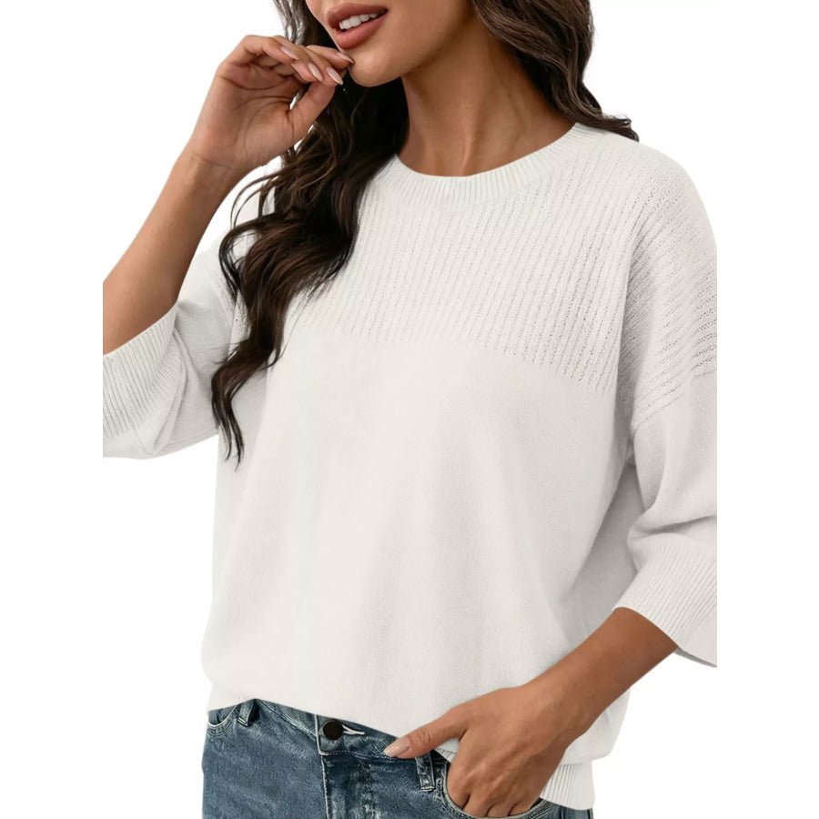 Elegant Crew Neck Eyelet Ribbed Sweater White / S Apparel and Accessories